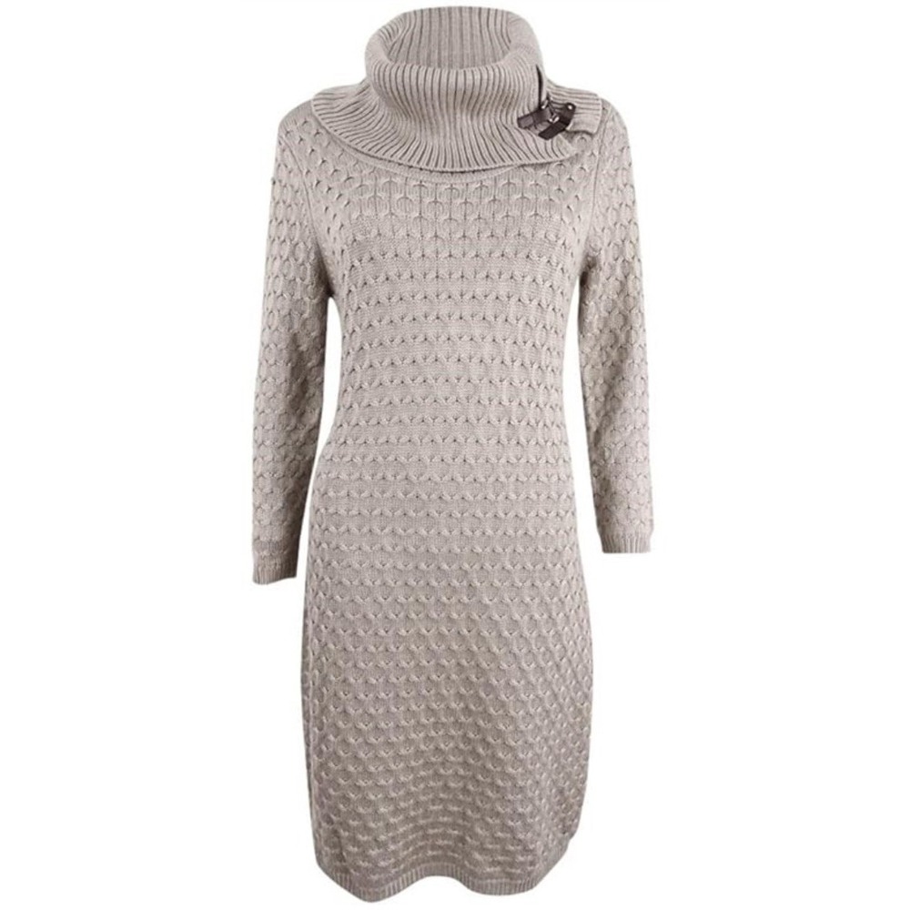 Calvin Klein Old Money Cottage Buckled Cowl Neck Knit Sweater Dress Beige Sz M